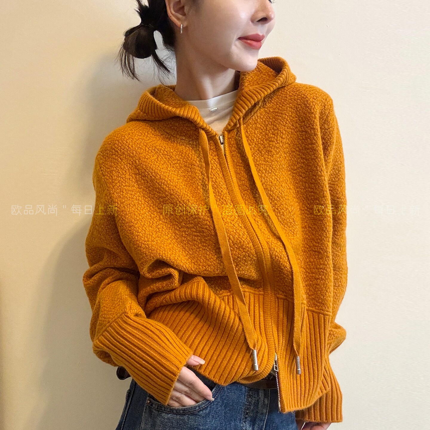 抽绳连帽细羊毛针织开衫女欧洲站