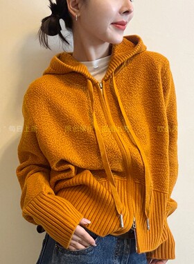 抽绳连帽细羊毛针织开衫女欧洲站