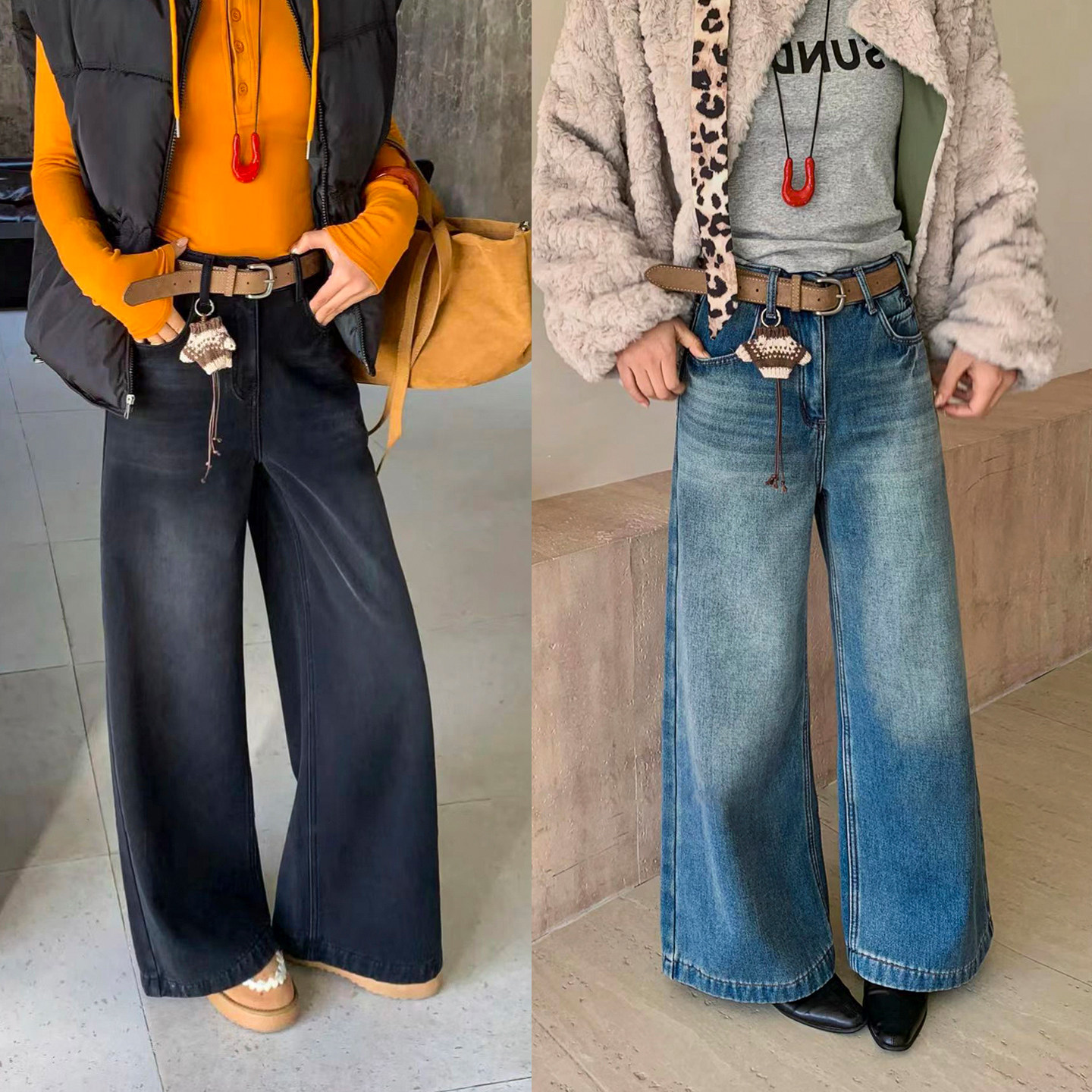 配挂件加绒阔腿牛仔裤女欧洲站2025冬装新款欧货女装窄版直筒裤潮