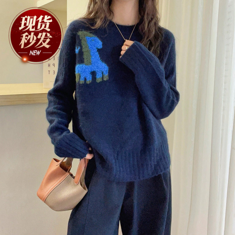 小马刺绣拉毛羊绒针织衫女欧洲站