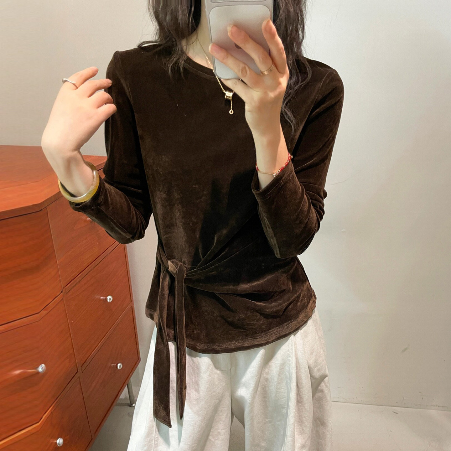 下摆打结金丝绒长袖T恤女欧洲站