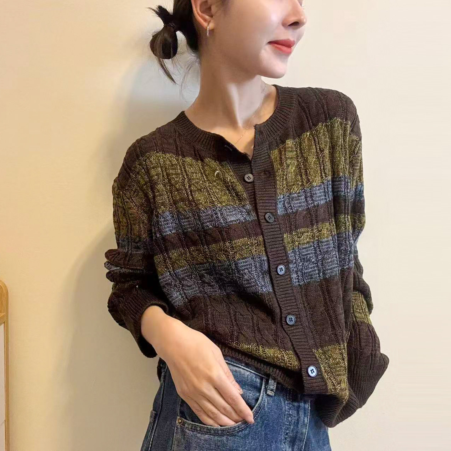 撞色条纹麻花羊毛针织开衫女欧洲站2026秋季新款欧货女装时尚毛衣