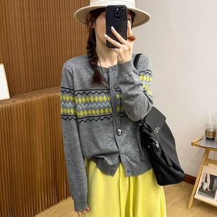 歐貨女裝 菱形格羊絨針織開衫 女歐洲站2025秋裝 新款 潮 洋氣打底小衫