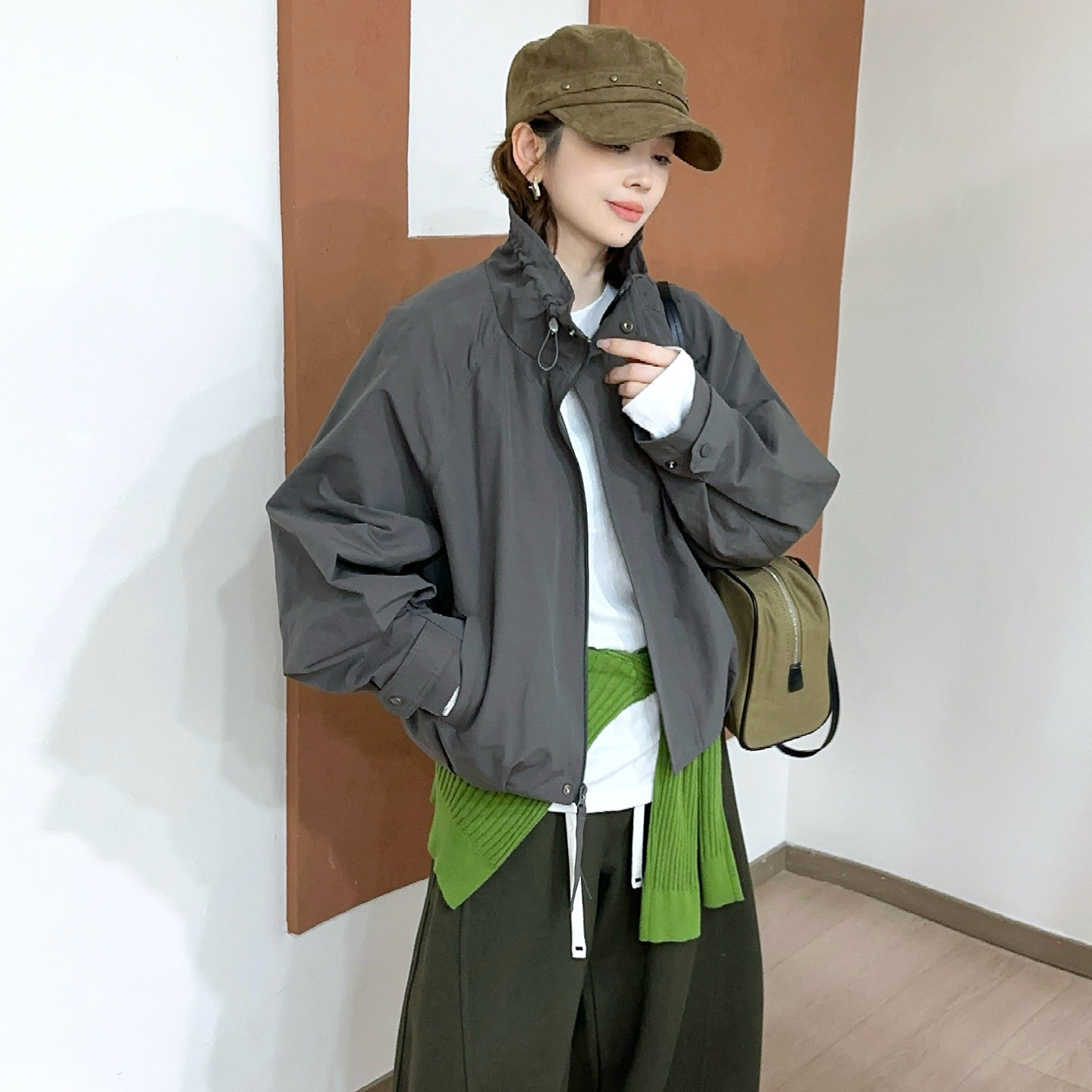 复古立领棒球服开衫外套女欧洲站