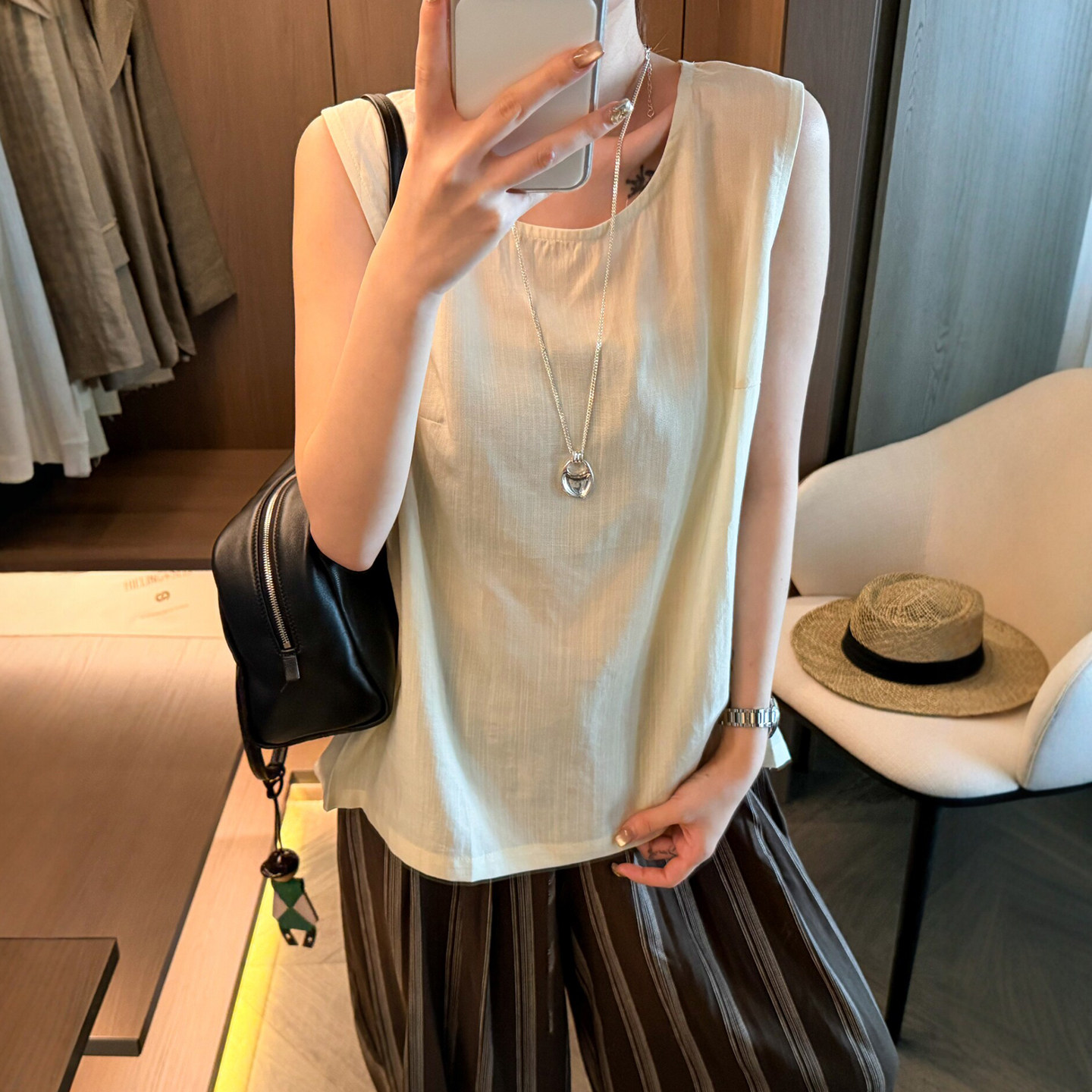 复古U领无袖麻料衬衫女欧货上衣