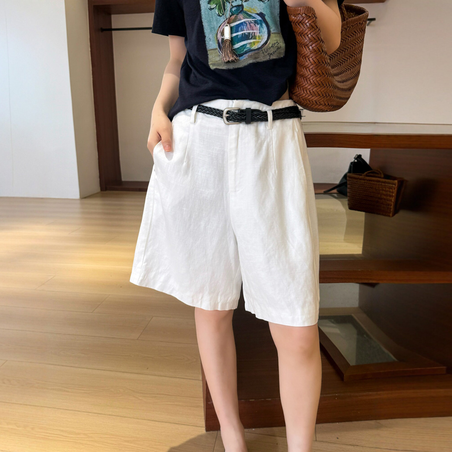 编织腰带麻料阔腿短裤女欧货热裤