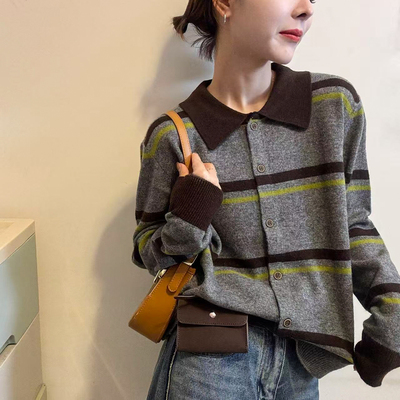 撞色条纹翻领羊毛针织开衫女欧货