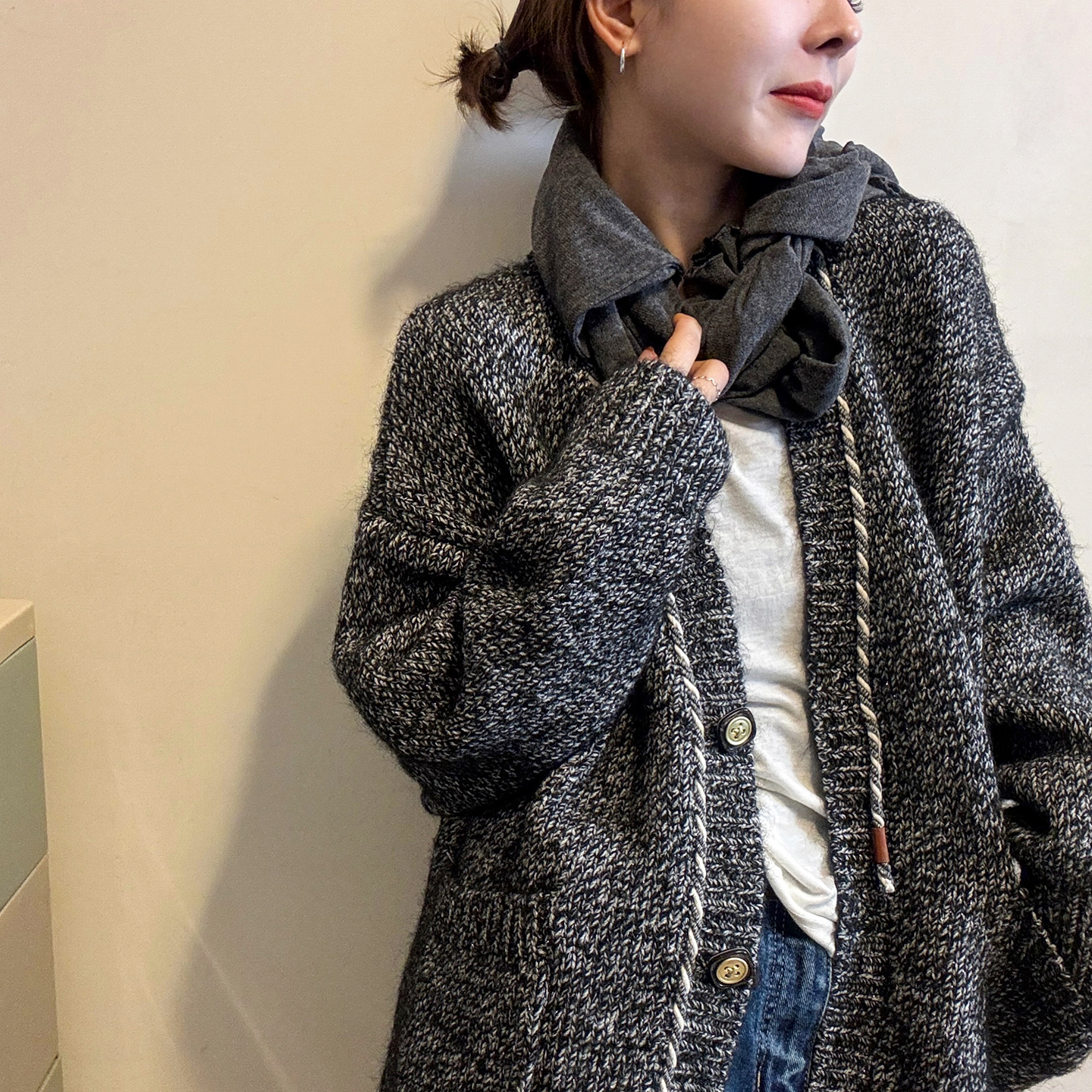 复古杂线山羊绒针织开衫女欧洲站