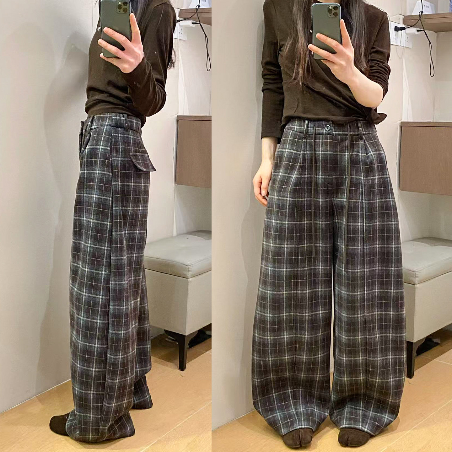 拖地弯刀加绒格子阔腿裤女欧洲站