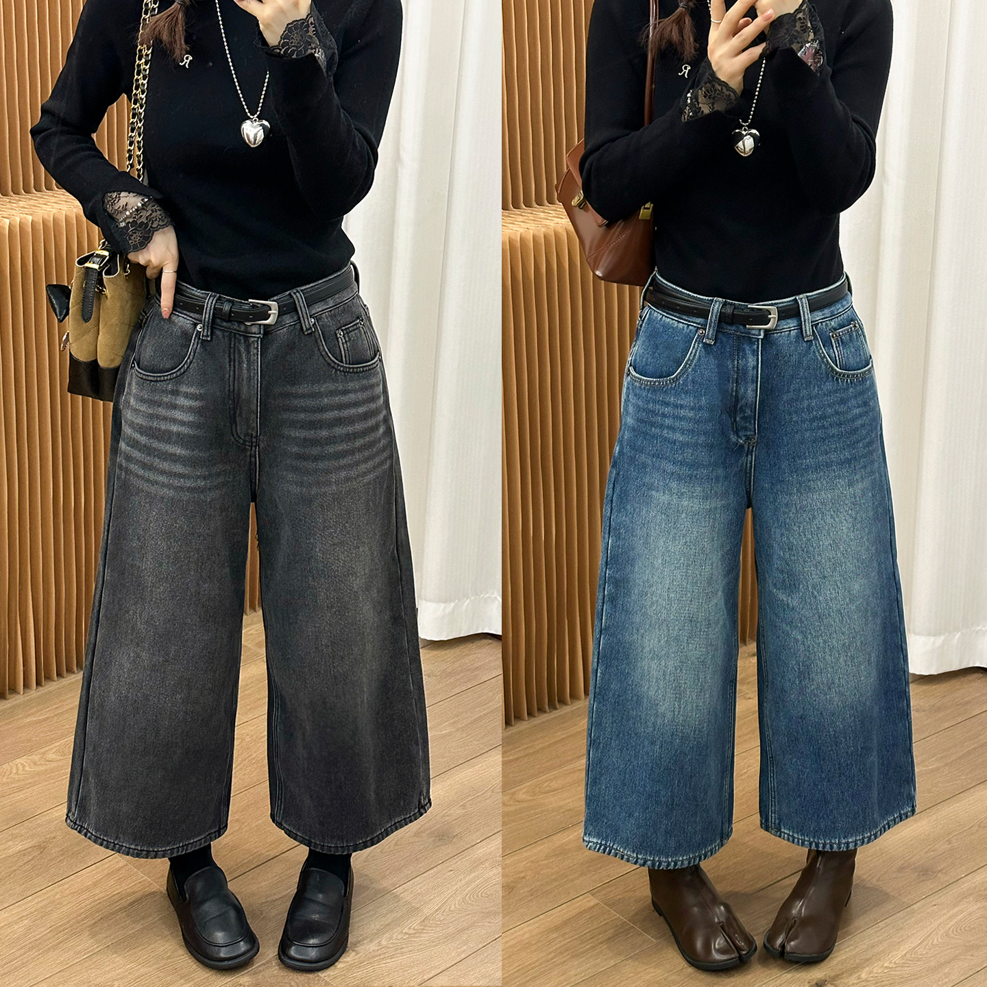 复古做旧加绒阔腿牛仔裤女欧洲站