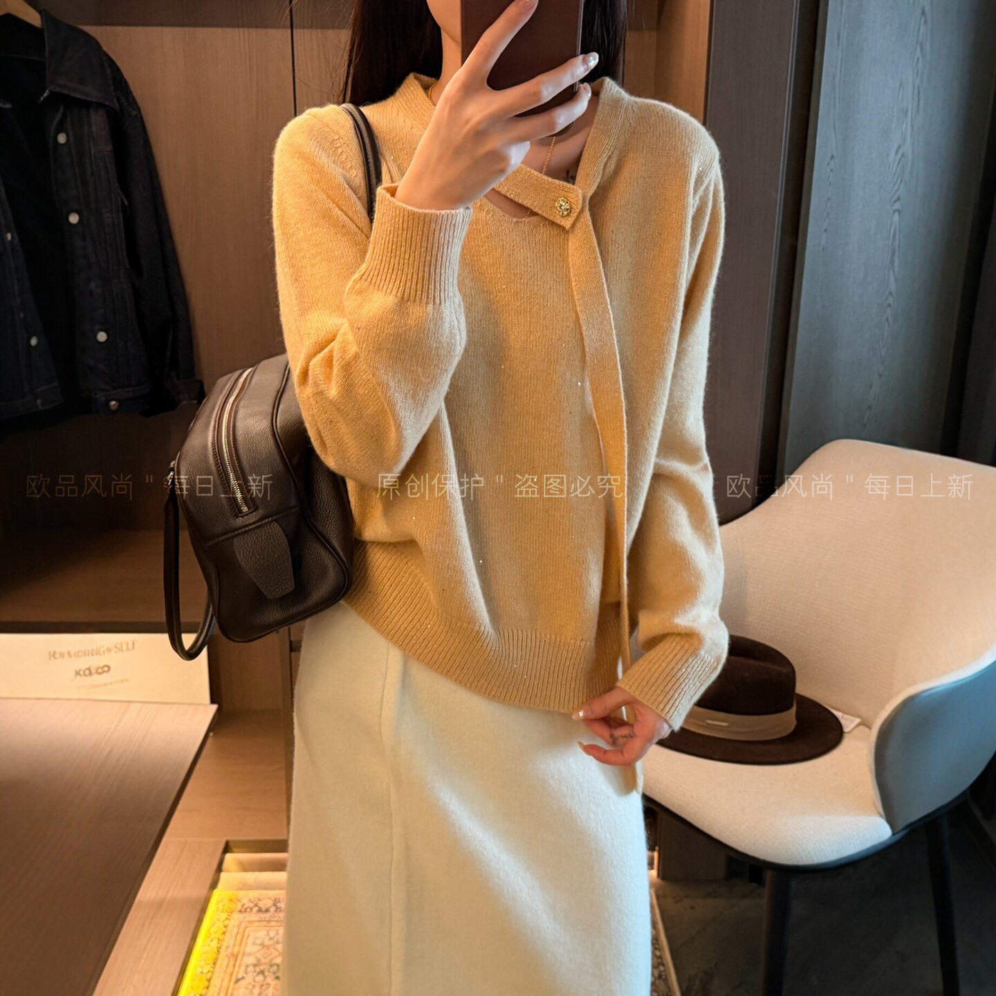 重工亮钻飘带绵羊毛针织衫女欧货