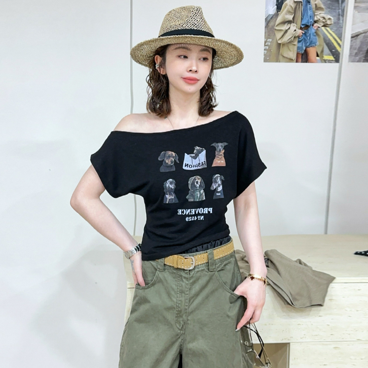 一字领卡通印花短袖T恤女欧洲站