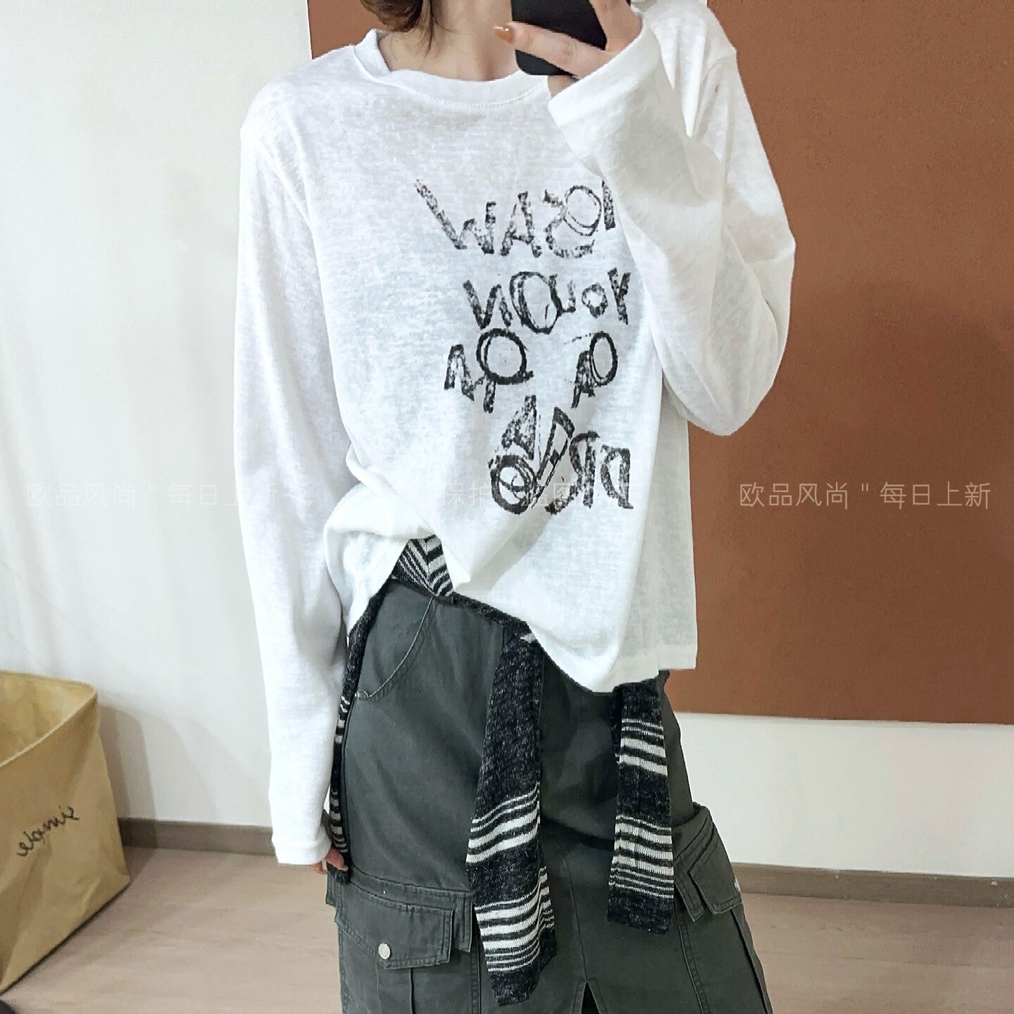 字母印花面膜长袖T恤女欧洲站潮
