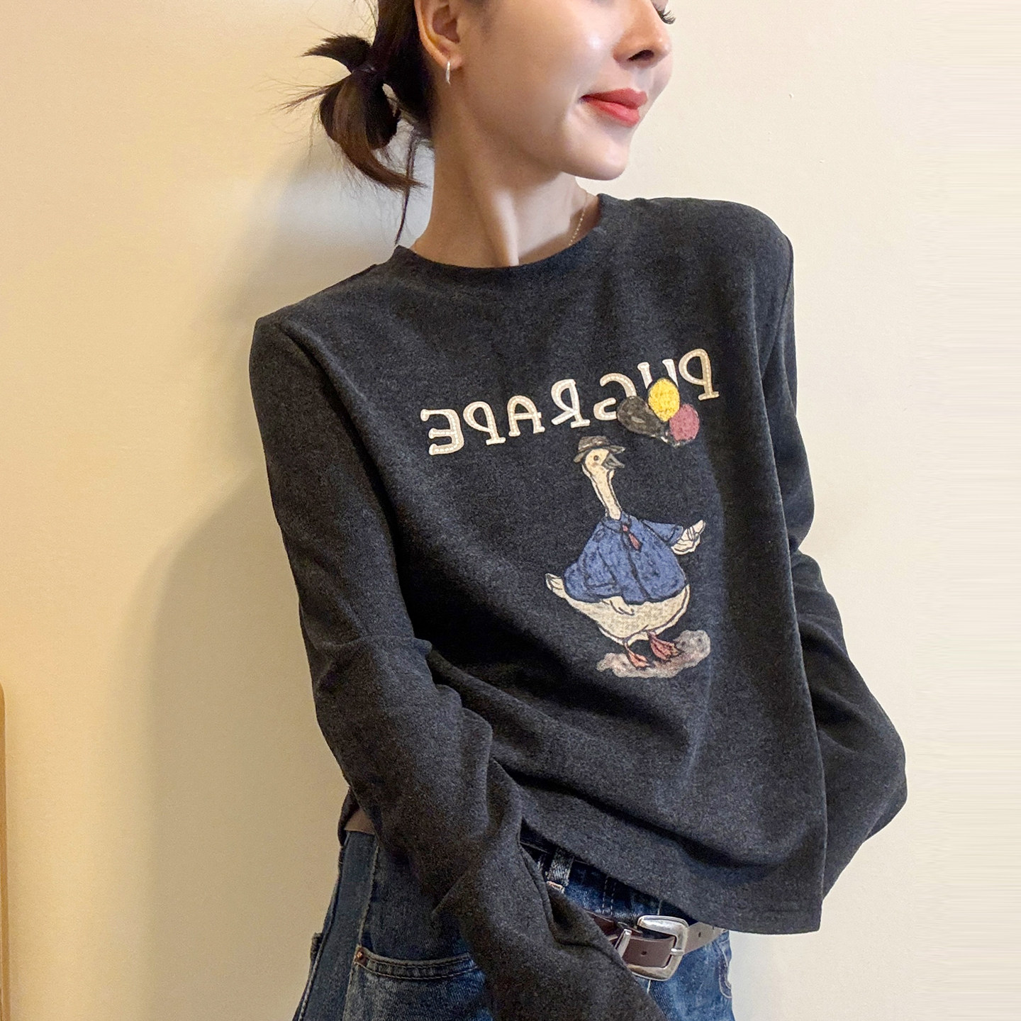 卡通印花磨毛长袖T恤女欧货上衣