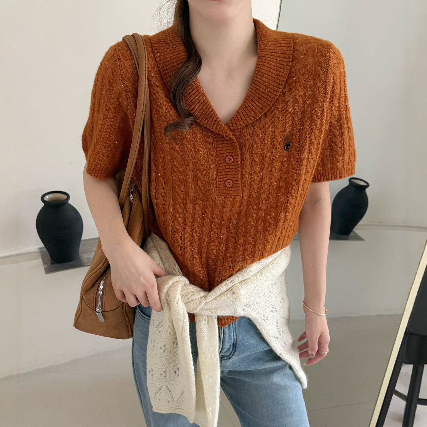 POLO领麻花纹山羊绒针织衫女欧货