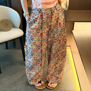 抽绳系带碎花亚麻阔腿裤女欧洲站
