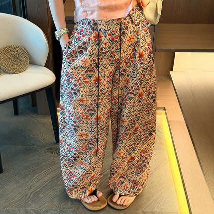 抽绳系带碎花亚麻阔腿裤女欧洲站2026夏季新款欧货女装时尚休闲裤