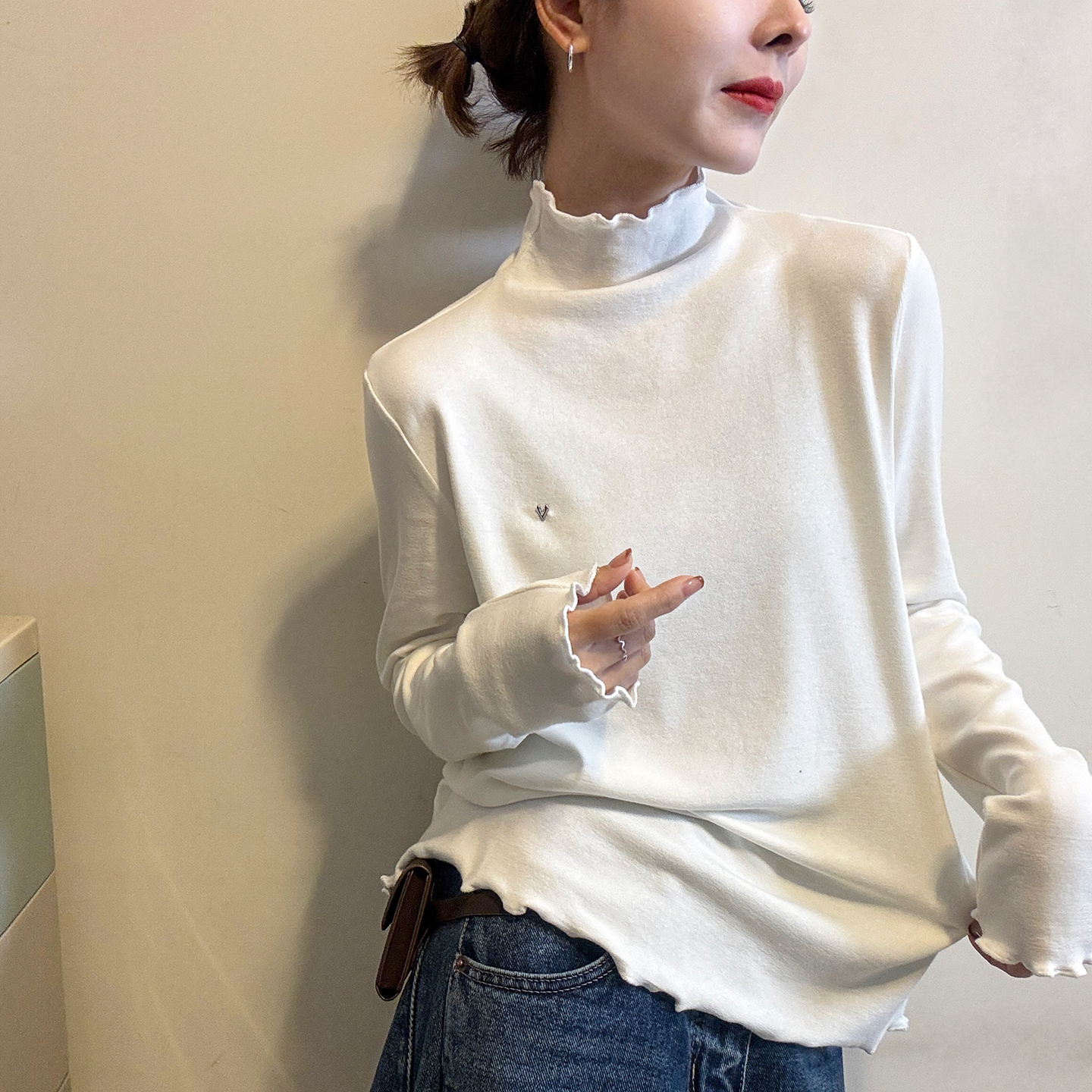 木耳边高领磨毛T恤女欧洲站小衫