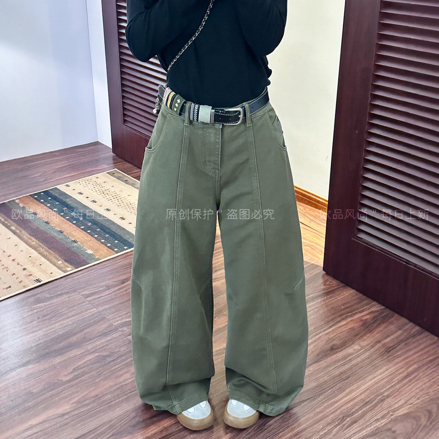 配腰带拖地弯刀阔腿裤女欧洲站潮