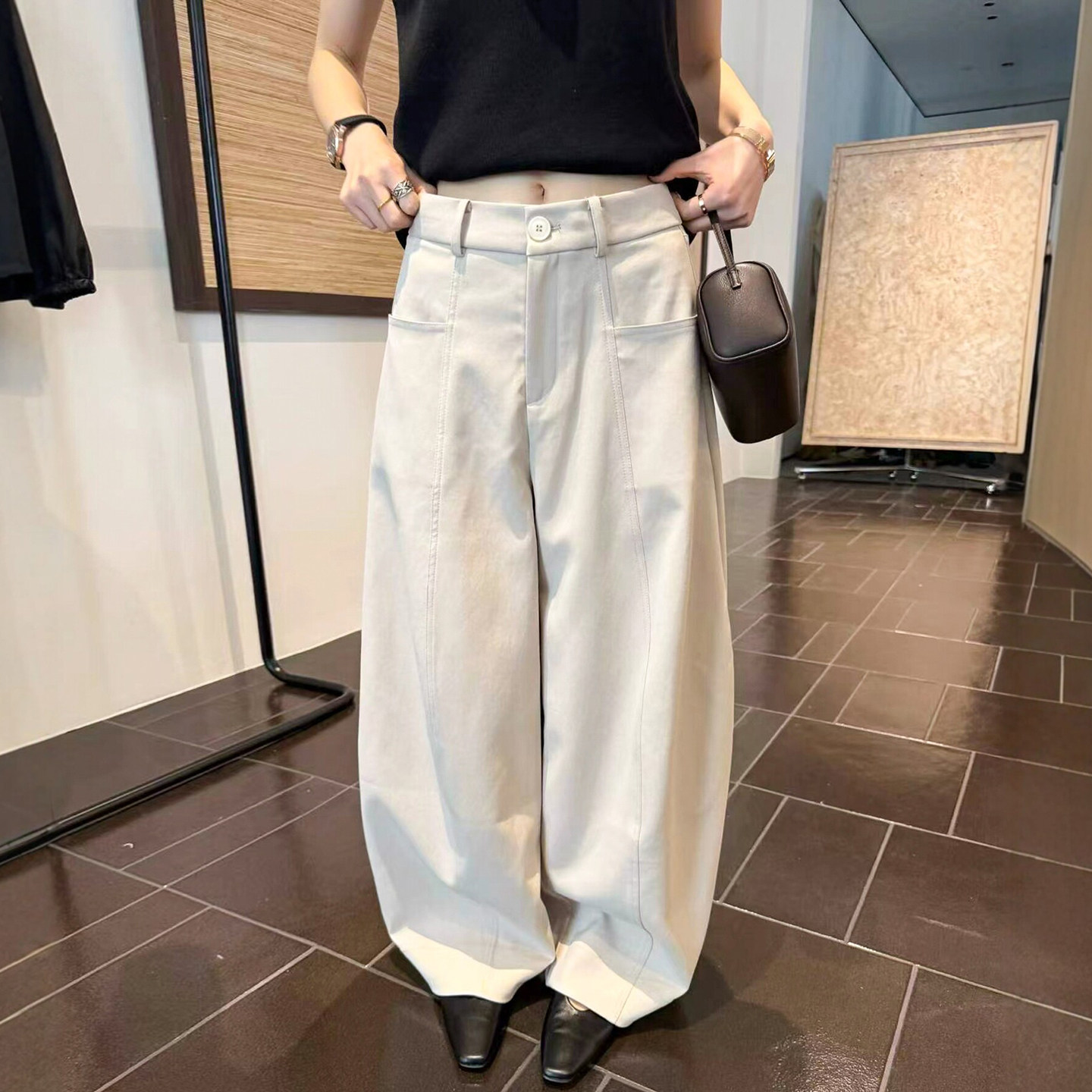立体裁剪双口袋西装阔腿裤女欧货