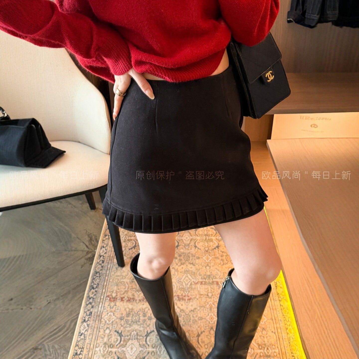 羊毛呢木耳边A字半身裙女欧洲站