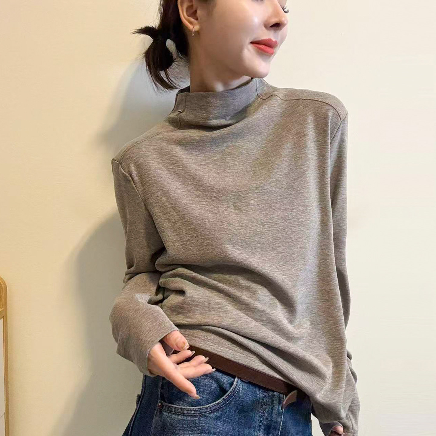 小半高领磨毛加绒长袖T恤女欧货