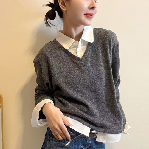 假两件POLO领羊毛针织衫女欧洲站