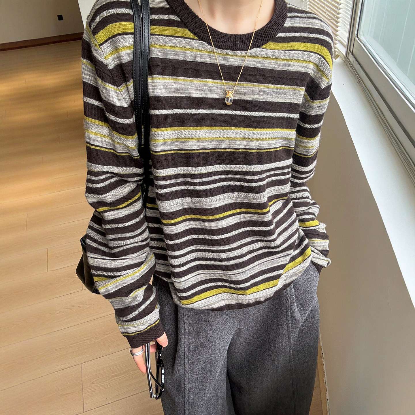撞色条纹羊毛针织衫女欧货打底衫