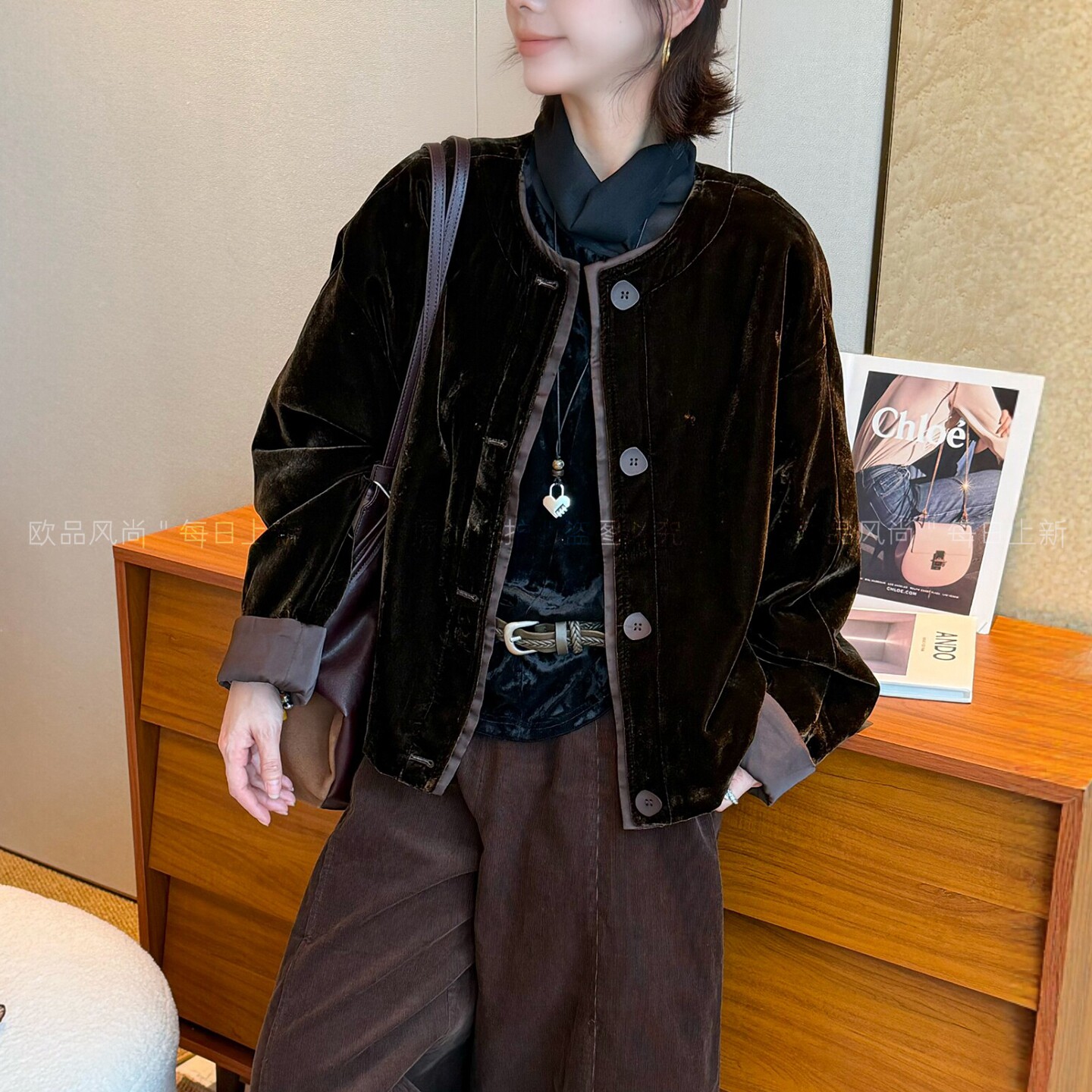 复古卷边金丝绒棒球服外套女欧货