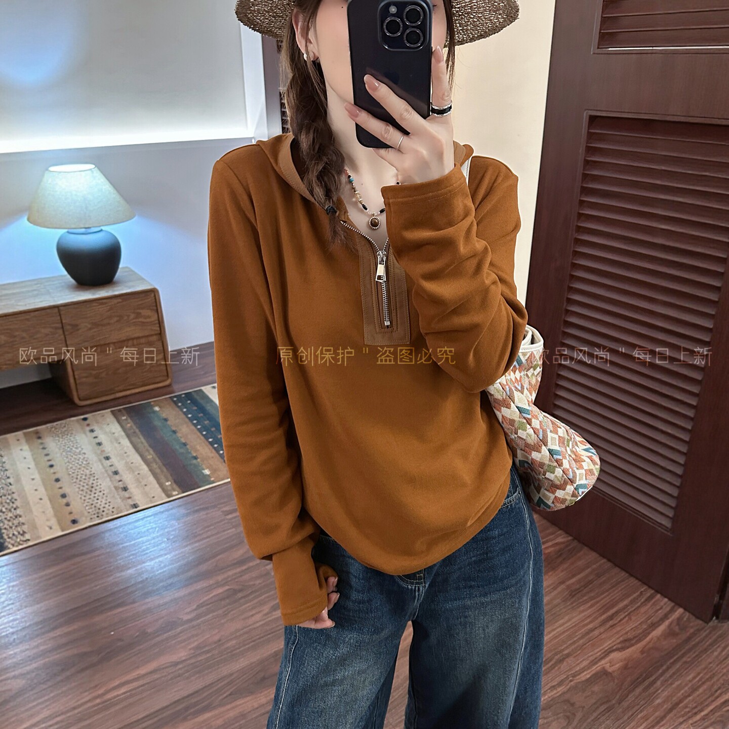 撞色拼接连帽德绒卫衣女欧洲站潮