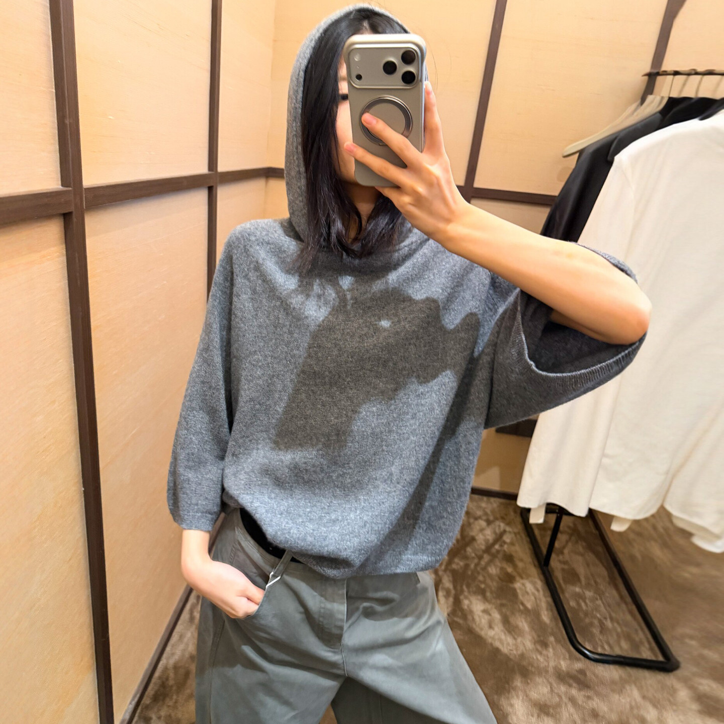 复古连帽七分袖羊毛针织衫女欧货