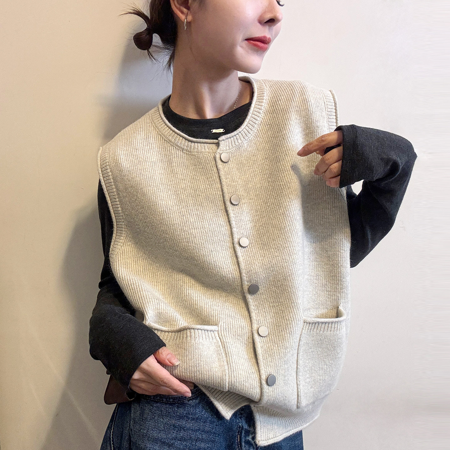 复古卷边羊毛针织开衫马甲女欧货