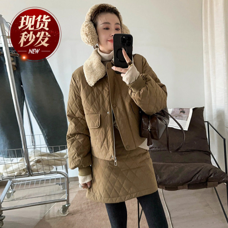 羊羔毛翻领羽绒服半身裙两件套装女欧洲站2025冬装新款欧货女装潮