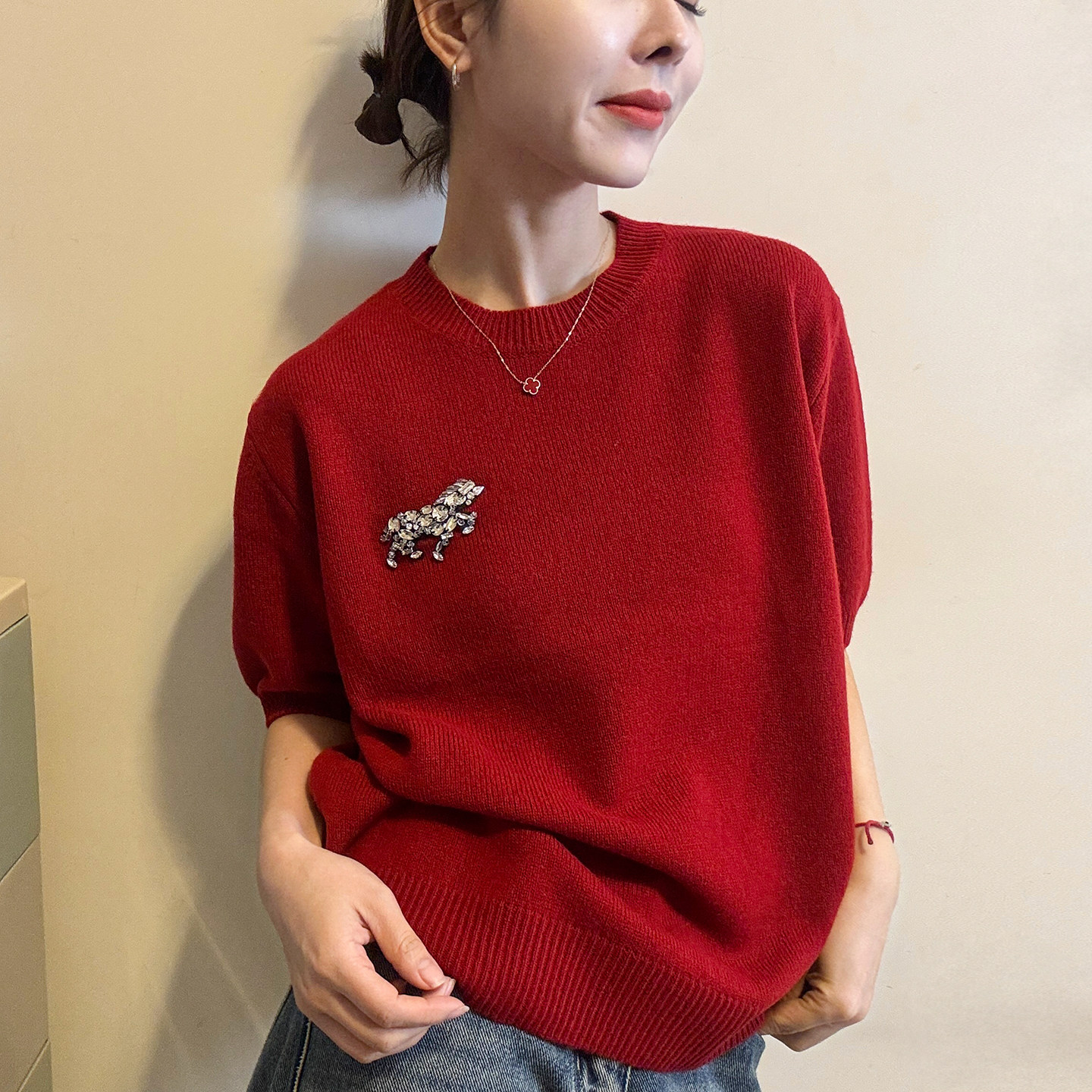 重工烫钻泡泡袖羊毛针织衫女欧洲站2026春装新款欧货女装打底衫潮