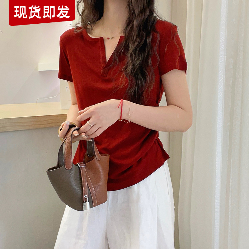 剪刀领桑蚕丝面膜T恤女欧洲站2025夏装新款欧货女装时尚打底衫潮