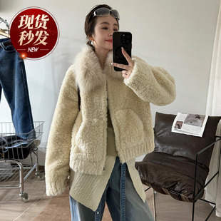真毛毛领羊剪绒皮毛一体皮草外套女欧洲站2025冬装新款欧货女装潮