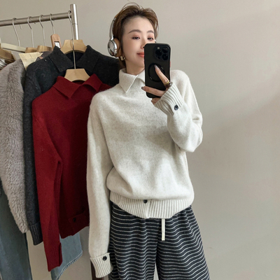 复古翻领山羊绒针织衫女欧洲站潮