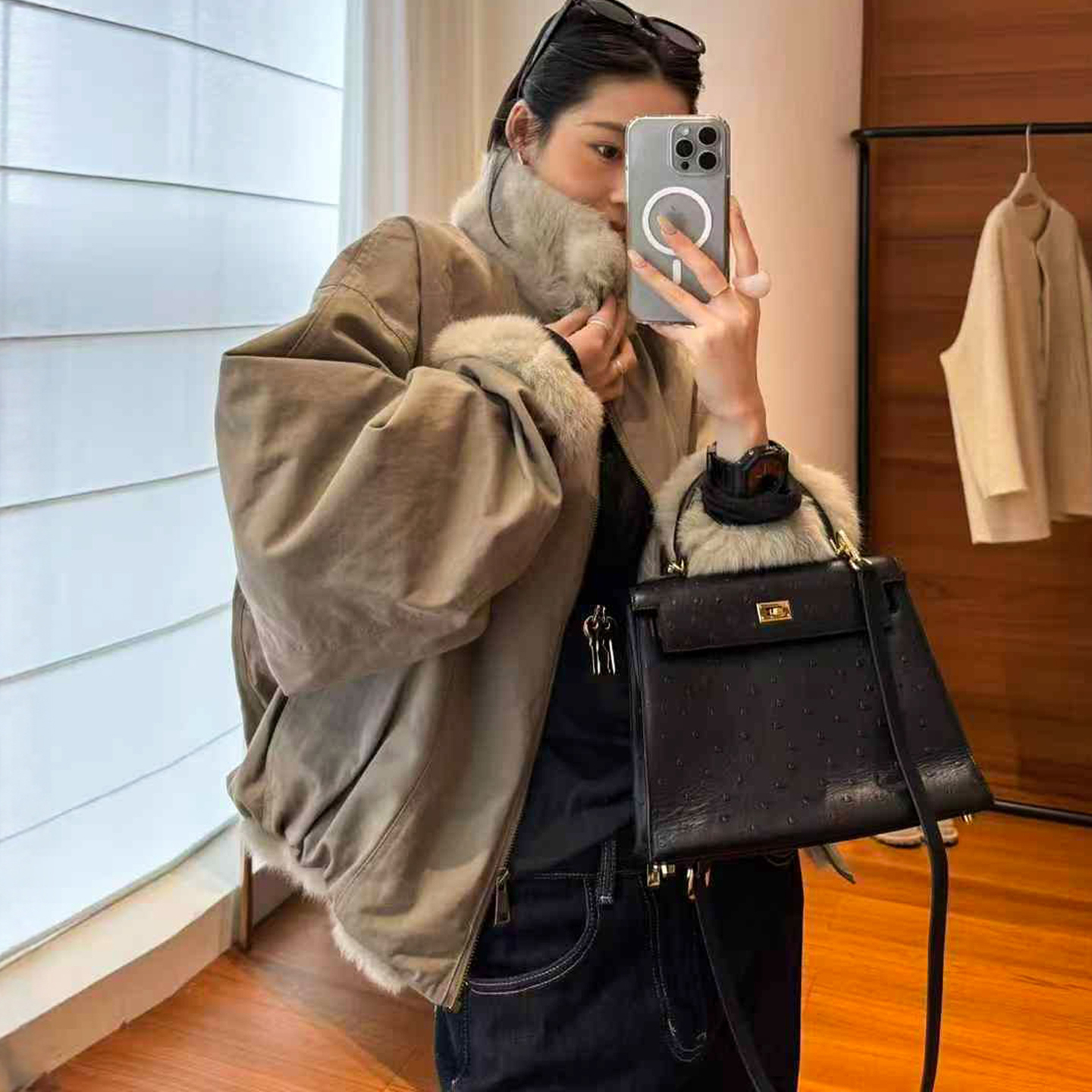 羊羔毛领派克羽绒服女欧洲站外套