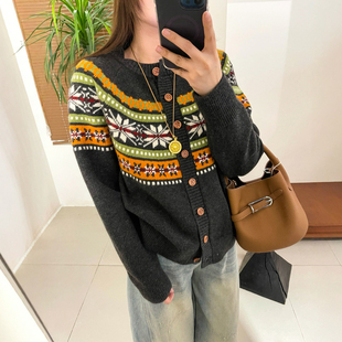 欧货女装 新款 毛衣外套潮 女欧洲站2025冬装 费尔岛提花羊毛针织开衫