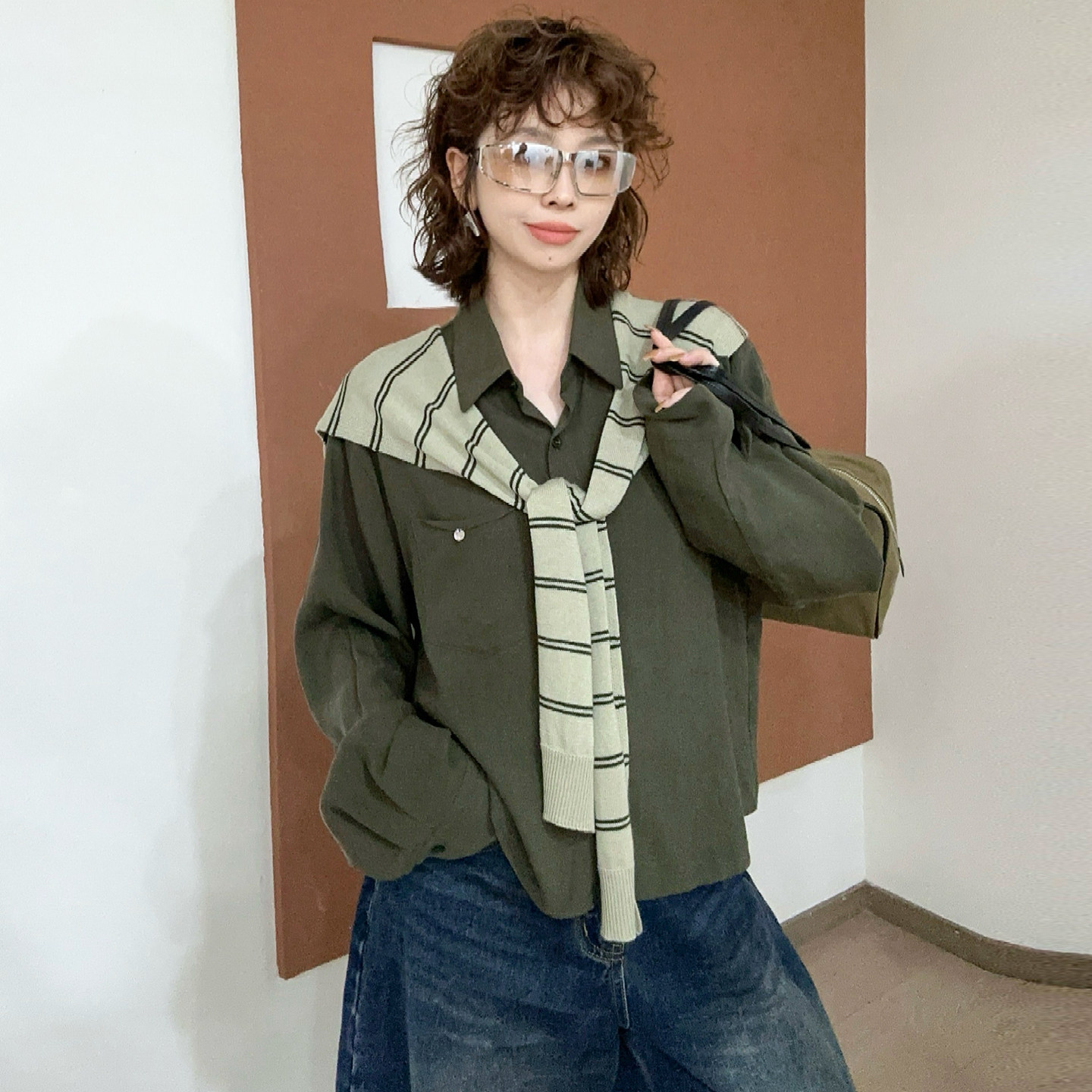 配披肩贝壳扣长袖衬衫女欧货上衣