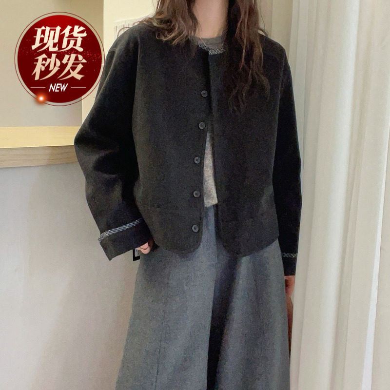 菱形格刺绣羊毛毛呢外套女欧洲站2025冬装新款欧货女装夹克上衣潮