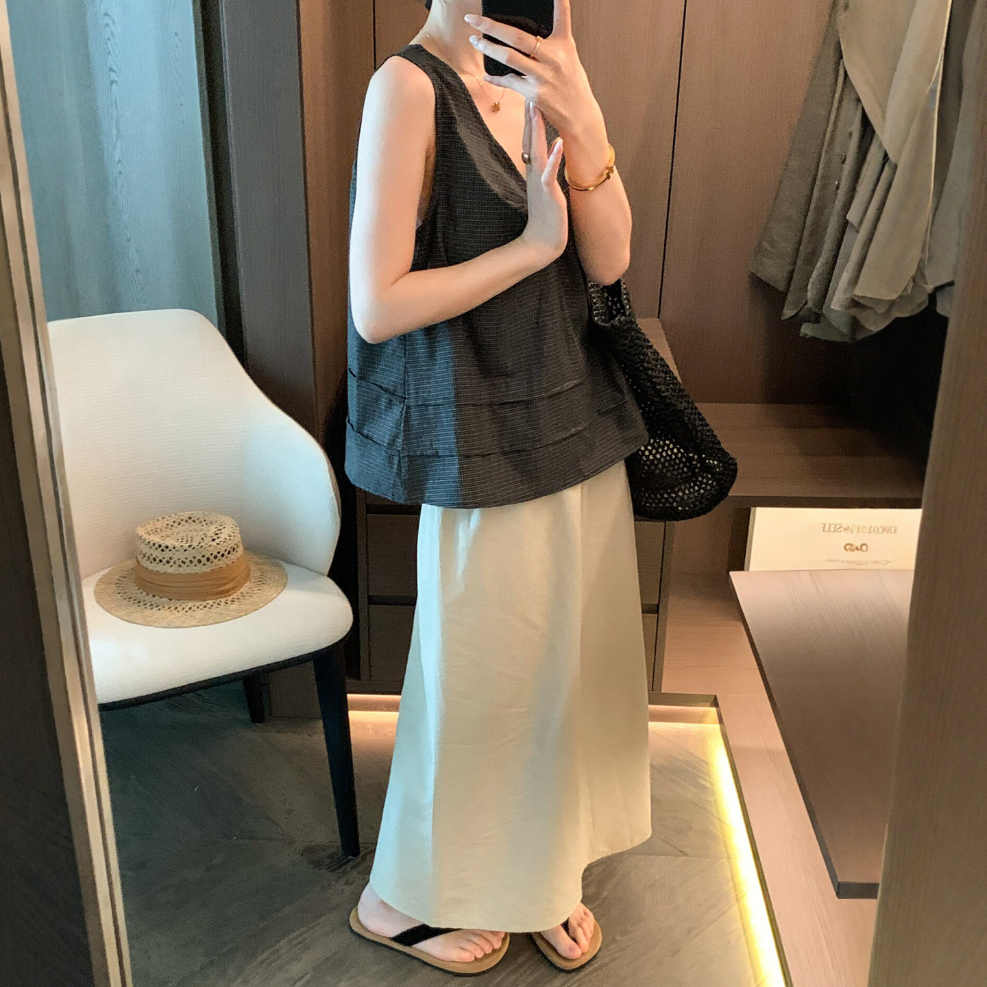 不规则褶皱格子衬衫半身裙两件套