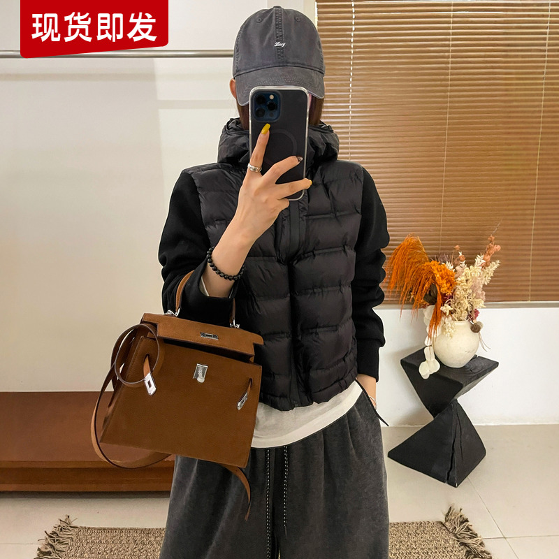 双拉链连帽羽绒服马甲外套女欧货