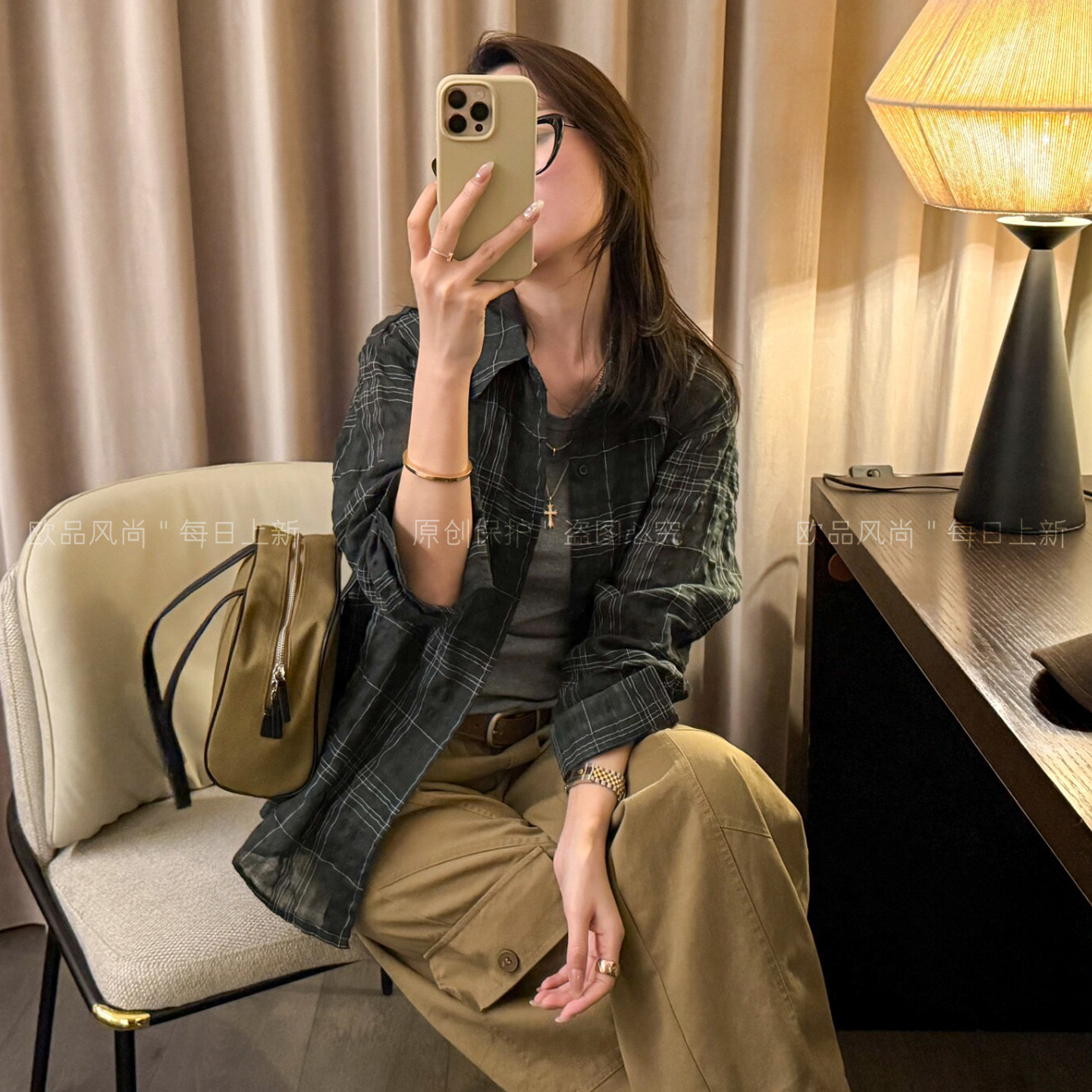 撞色格纹POLO领防晒衬衫女欧洲站