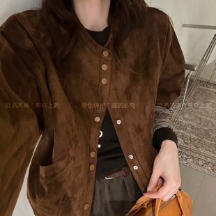 复古印花麂皮绒加棉外套女欧洲站2026秋季新款欧货女装棉衣棉服潮
