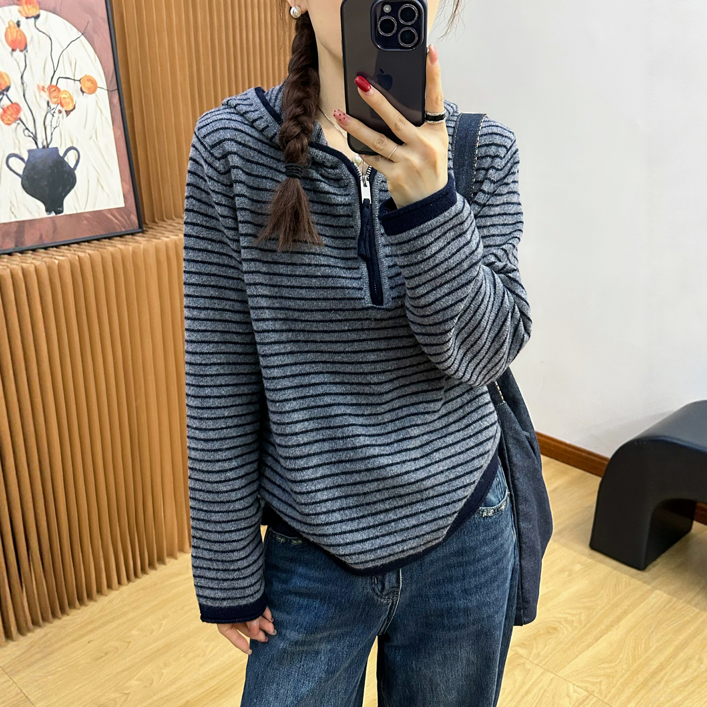 100绵羊毛条纹连帽针织衫女欧货