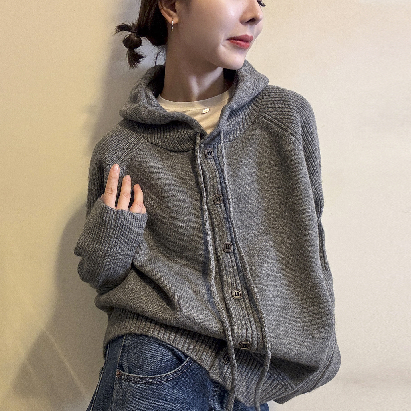 抽绳连帽羊毛针织开衫女欧货外套