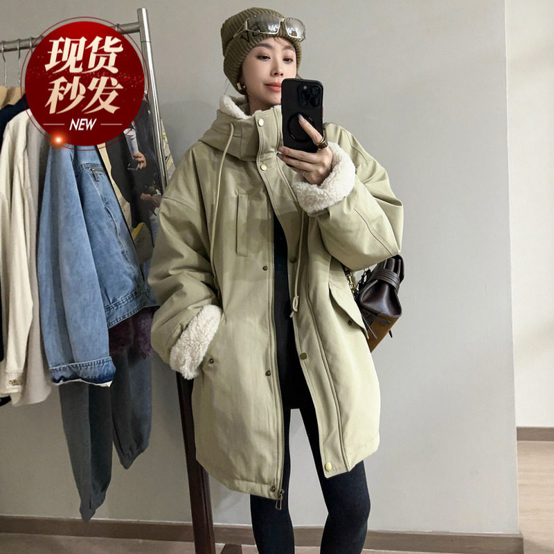 羊羔毛连帽棉衣棉服女欧洲站2025冬装新款欧货女装时尚加厚外套潮