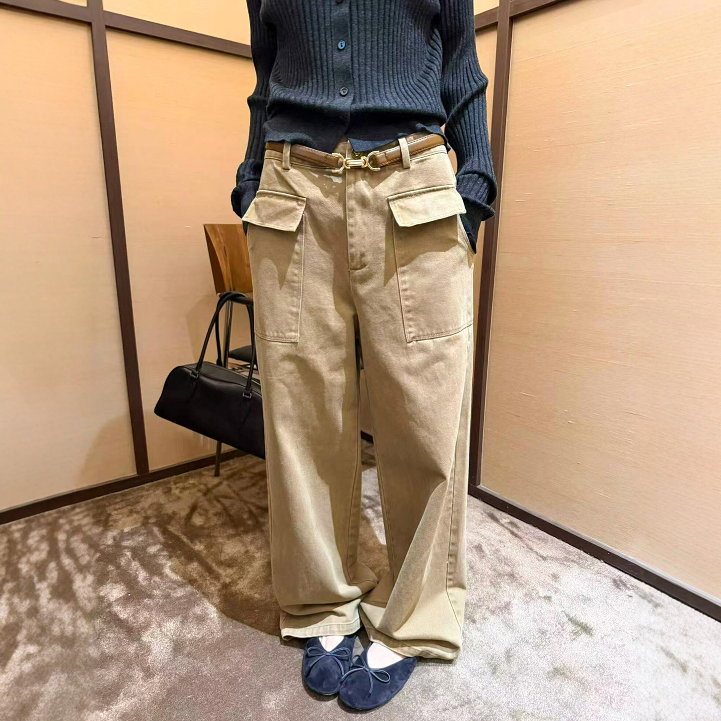 双口袋拖地工装阔腿裤女欧洲站潮