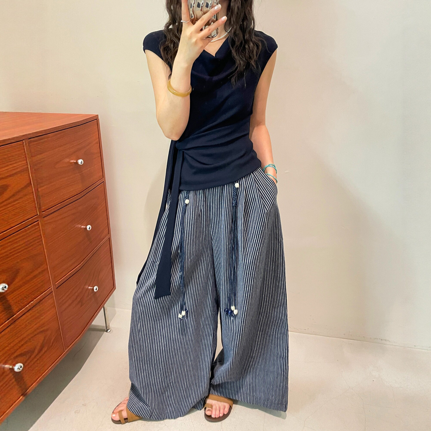 侧边打结面膜T恤阔腿裤两件套装女欧洲站2026夏季新款欧货女装潮
